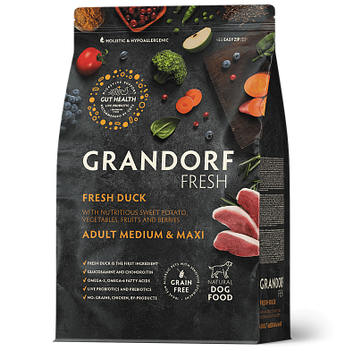 Grandorf FRESH сухой беззерновой корм для взрослых собак средних и крупных пород с живыми пробиотиками, утка с бататом