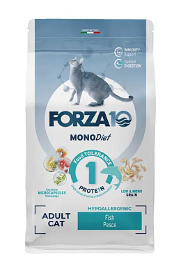 Forza10 MonoDiet Pesce сухой монобелковый корм для взрослых кошек при аллергии и повышенной чувствительности к животным белкам, из океанической рыбы