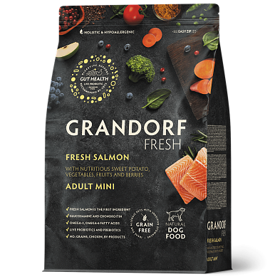 Grandorf FRESH сухой беззерновой корм для взрослых собак мелких пород с живыми пробиотиками, лосось с бататом